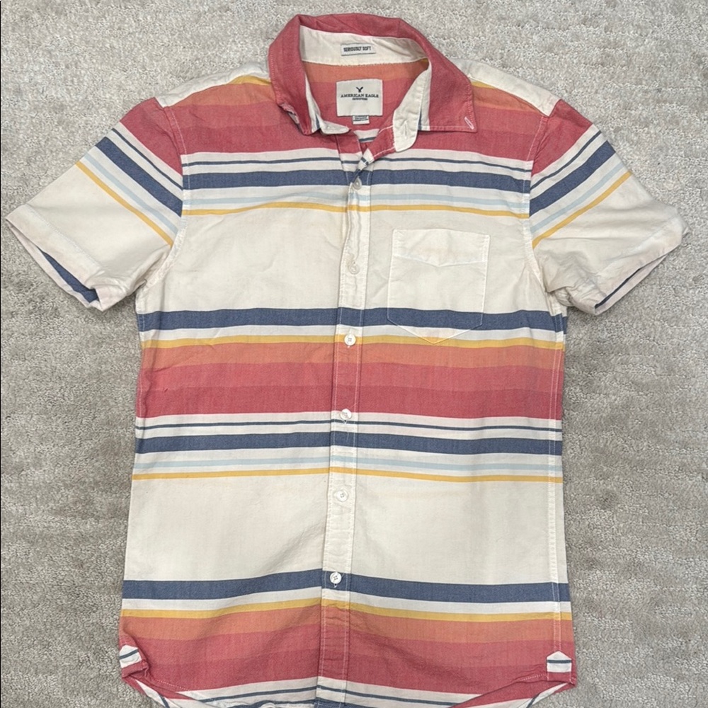 American Eagle Outfitters Red and Yellow Casual Button Down Shirt